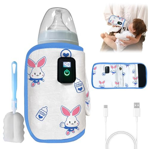 Flaschenwärmer für Unterwegs Baby Flaschenwärmer Unterwegs Tragbarer Flaschenwärmer Baby und 1 Flaschenbürste Led-Anzeige Temperatur 21 Stufen Einstellbarer Temperatur Passend für Alle Flaschen