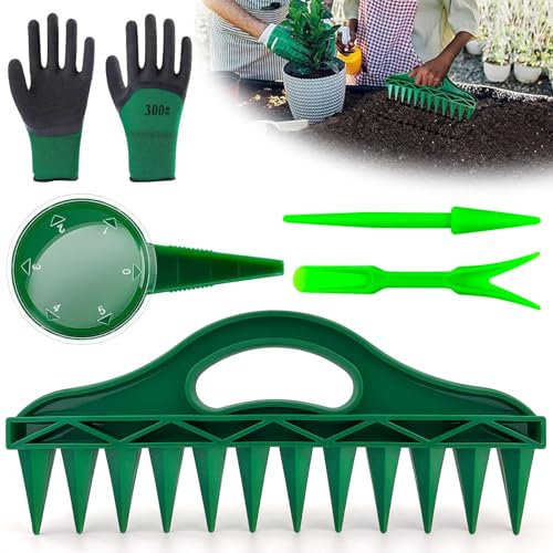 WZYTEU Set di 4 bastoncini per picchietti, con 12 fori, in polipropilene per semina di orticoltura con guanti da giardino (30 x 13 cm, verde)