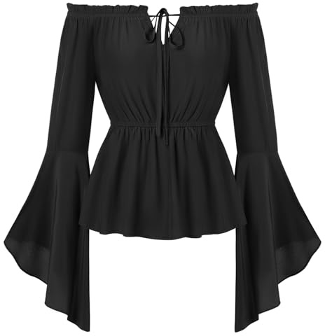 Skarlet mörker kvinnor medeltida blus elastisk axellös långärmad volangblus snörning vintage toppar, Vit, XXL