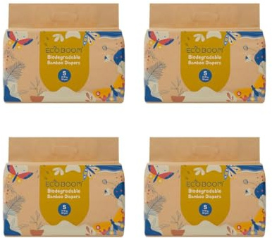 ECOBOOM Öko-Windel aus Bambus, 70 % biologisch abbaubar, hypoallergen (Größe 2/S, 3-8 kg, 4 Taschen, insgesamt 144 Pads)