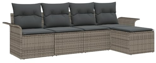 vidaXL Garten-Sofa-Set mit Kissen 5 pcs Grau Poly Rattan, Garten und Terrasse, modernes, modulares Outdoor-Sofa, verstellbare Füße, Rattan-Sitzgruppe, wetterfest