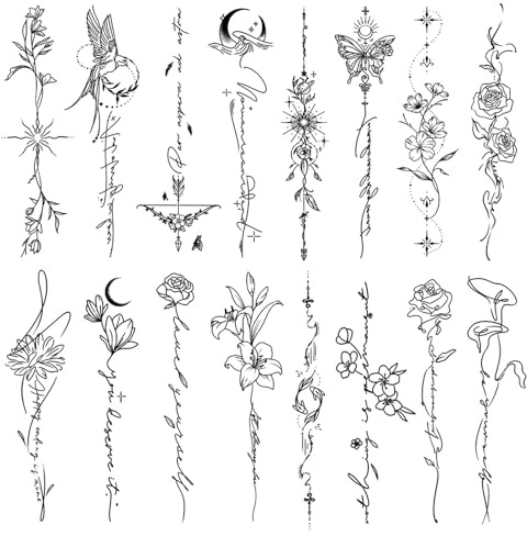 VelvetGlow 16-delad minimalistisk linjekonst tillfälliga tatueringar, realistiska blommor och orddesigner för kvinnor och flickor, vattentät och hållbar, perfekt för arm, rygg och ben