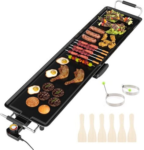 GiantexUK Electric Teppanyaki Grill Table, 1800W Adjustable Temperature BBQ Griddle with Non-Stick Top, Wooden Spatulas & 2 Egg Rings, Easy Clean Barbecue Hot Plate (105 × 24cm, Die-casting Aluminum)