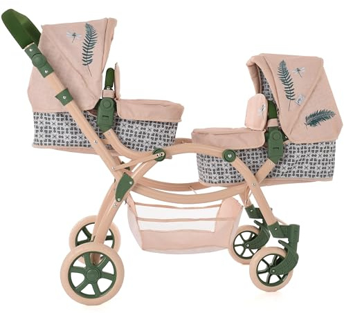 Roma RHS Passeggino doppio per bambole 36 mesi+, verde felce, tessuto riciclato ecologico, manico regolabile 69-84 cm, lunghezza 96-112 cm