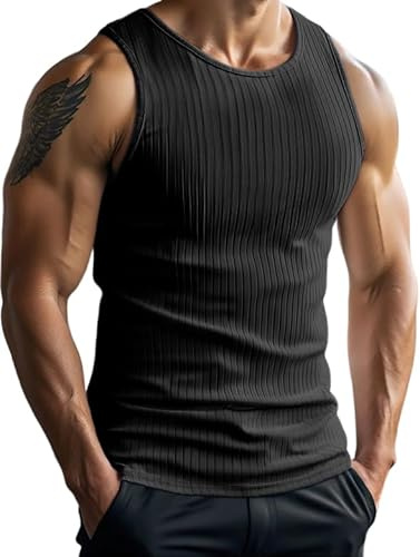 PINSPARK Mens Ribbed Gym Vest Breathable Sleeveless Tank Top Black XL