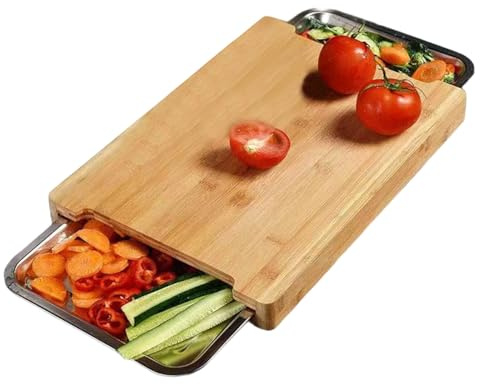 Planche à découper avec plateau, planche à découper en bambou naturel avec plateau coulissant antiadhésif, outils de cuisine pratiques pour couper, hacher, sculpter