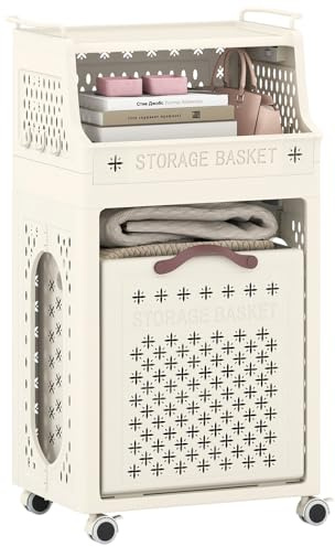 GOPLUS Carrito para Ropa Sucia con Ruedas, Cesta de Ropa con 3/4 Estantes y Cubo Extraíble, Compartimento Abierto y 6 Ganchos, Contenedor Plegable Plástico para Baño Lavandería (21L+30L)