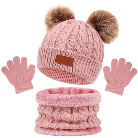 Chapeau d'hiver pour enfants Echarpe Gants Chaud en tricot doublé de laine polaire Chapeau PomPom pour les enfants de 3 à 9 ans, parfait pour les garçons et les filles