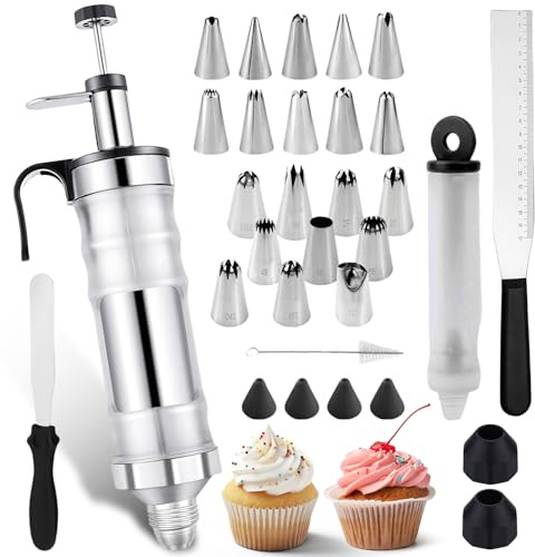 34 siringhe per torte, in acciaio inox, riutilizzabili, in acciaio inox, con 20 beccucci, professionali, per decorare cupcake, torte, ciambelle, pasticcini
