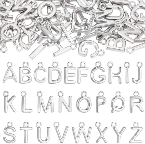 Beebeecraft 1 Scatola da 52 Pezzi di Ciondoli con Lettere Dell'Alfabeto in Argento e 304 Mini Ciondoli con Lettere in Metallo AZ in Acciaio Inossidabile per La Creazione di Gioielli Fai da Te con