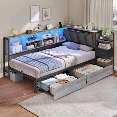 mojiasion Lit 90x190 avec Rangement et LED – Lit 1 Place avec 2 Tiroirs, Table de Nuit, Chargeur USB-C, Tête Capitonnée Rabattable, Montage Gauche/Droite, Gris Chêne