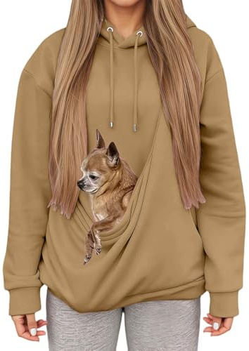 Sweat à Capuche Femme avec Grande Poche Kangourou Fonctionnelle,Pull de Transport pour Chat et Chien,Sweatshirts pour Amoureux des Animaux domestiques (Gold, L)