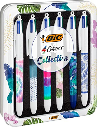 BIC 4 Colours Decors Messages or Botanical Collection und Tie & Dye – Kugelschreiber mittlere Spitze (1,0 mm) – zufällige sortierte Designs, wiederverwendbare Box mit 6 Stück