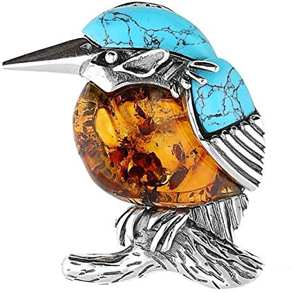 Bird Themed Amber Brooch Pin/Clip in Vintage Style for Women - 925 Sterling Silver