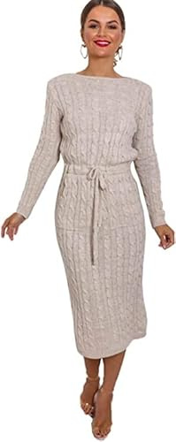 Crazy Girls Womens Cable Knit Belted Midi Dress, Stone, ML (UK 12-14)