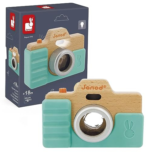 Janod - Spielkamera - Rollenspielzeug aus Holz - Ton und Licht - Entwicklungsspielzeug Stimulation der Sinne und Motorik - Silikonhülle - Wasserfarbe - Ab 18 Monaten, J05381, Blau