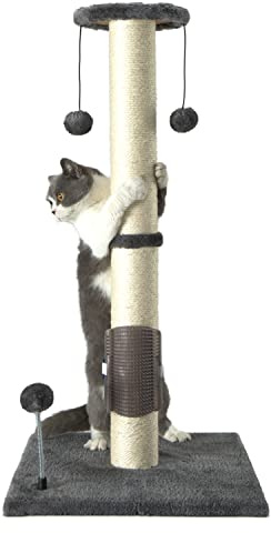 PEEKAB 32 Tall Cat Scratching Post Sisal Scratch Posts,with Hanging Ball and Self-Massage Brush Vertical Scratcher for Indoor Cats and Kittens Gray 32inches