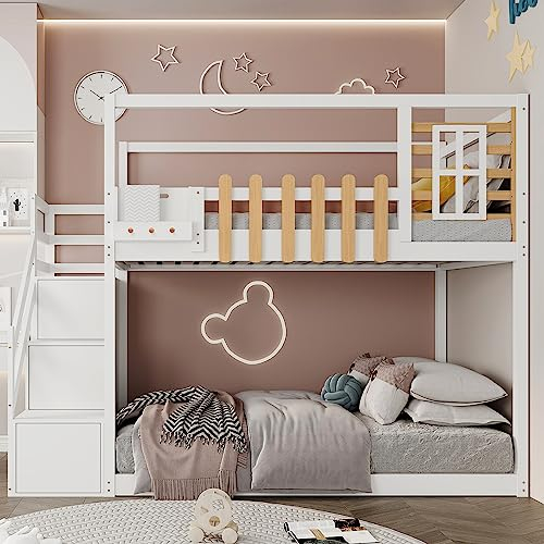 Aoskem Kinderbett Etagenbett 90x200 cm für 2 Kinder, Hochbett Hausbett mit Treppe Stauraum, Holzbett mit Fenster & Gitter, Bettgestell Kinderbett mit Rausfallschutz & Lattenrost, Ohne Matratze, Weiß