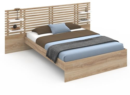 IDMarket - Lit Double Amalia 140 x 190 cm hêtre et Blanc | Avec tête de lit, étagères suspendues et sommier