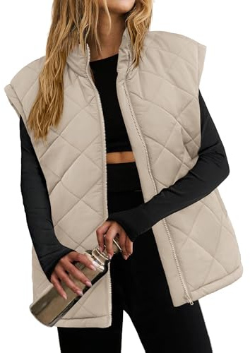 Zeagoo Chaleco corto sin mangas para mujer, chaleco acolchado ligero para otoño, chaleco cálido, chaqueta de invierno, cuello alto, chalecos con cremalleras S-XXL, beige, M
