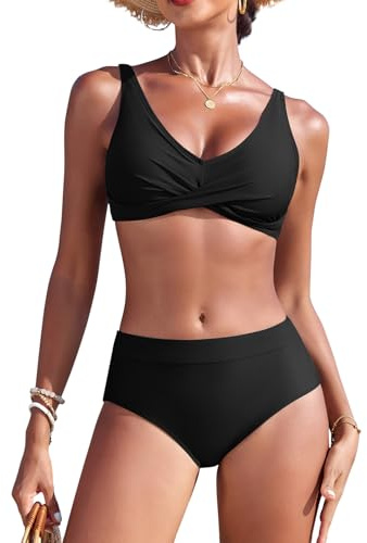 Svanco Maillot de Bain Femme 2 Pièces Taille Haute, Ensemble Bikini Découpé en V Entrecroisé Bloc de Couleurs avec Cup