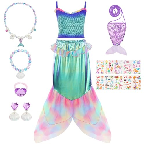 Alaoo Deguisement Robe Petite Sirene Princesse Ariel Costume, Deguisement Sirène Fille, Cosplay Costume Déguisement pour Filles pour fête d'anniversaire Halloween Carnaval,120CM