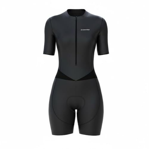 Crossedge Women Cycling Skinsuit Half Sleeve with Mesh Triathlon One Piece Hi-Viz Reflector and Leg Grippers One Back Pocket Ladies Bib Short. (All Black, Medium)