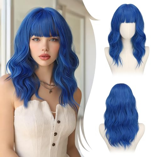 RUWISS Vågig Blå Halvlång 50 cm Peruk med Lugg, Naturlig Skiktad Peruk för Kvinnor Syntetiskt Hår Motståndskraftigt för Daglig Användning och Cosplay - Yves Klein Blå
