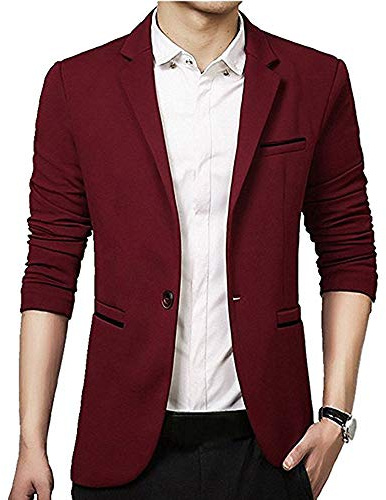 Gopune Men's Slim Fit Casual One Button Suits Coat Solid Blazer Business Jacket(Red,XL)