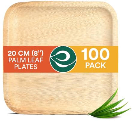 ECO SOUL Palm Leaf Plates 8”(20cm) 100 Square Bamboo Plate I Eco Friendly, Biodegradable, Compostable Heavy-Duty Plate, Disposable Plates for Christmas Dinner, Party & Events