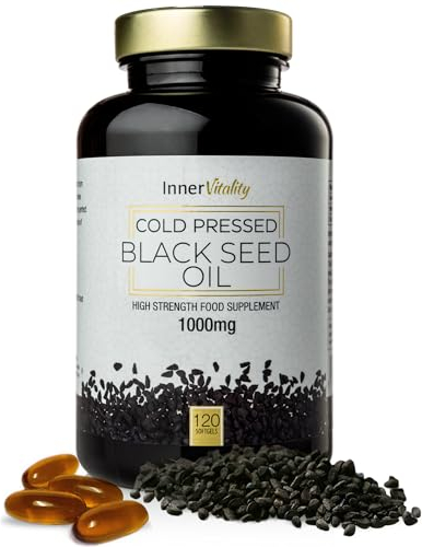 Black Seed Oil 120 Double Strength Capsules - Premium Cold Pressed Virgin Oil, High Strength Thymoquenine 3X% | 1000mg Softgels with Zero Additives (Non-GMO) Made in UK by Inner Vitality