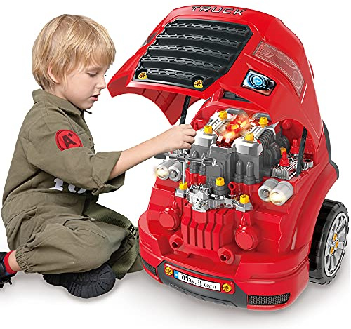 iPlay, iLearn Large Truck Engine Toy, Kids Mechanic Repair Set for 3-5 Yr Toddlers, Big Builder Kit, Take Apart Motor Vehicle Pretent Play Car Service Station, Gifts 4 6 7 8 Year Old Boy Child