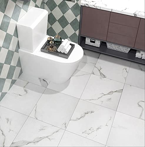 FunStick Sols PVC Adhesif Marbre Blanc 30X30CM 5 Dalles PVC Autocollantes pour Sol de salle de bain Imperméable Vinyle Adhésif Sols Blanc Carrelage Adhesif Sol Cuisine Salon Effet Marbre Carreaux