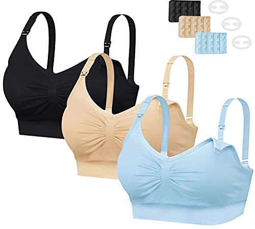 INTLMATE 3 Pack Women's Nursing Bra Seamless Wireless Night Sleep Nursing Maternity Bra Sleep Bralette with Removable Spill Prevention Pads and Bra Extenders