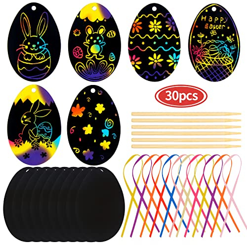 VEYLIN 30 Pieces Easter Scratch Art Egg Decorations, Easter Scratch Papers with Ribbons for Kids Party Bag Fillers