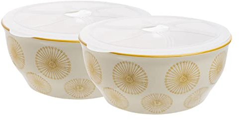 Tranquillo ART DECO Schüssel, 2er Set, handgestempelt, Steinzeug, Silikondeckel, gelb, Ø 18,5 cm, 1100 ml