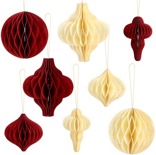 Fowecelt 8pcs Christmas Honeycomb Decorations Paper Baubles Hanging Ornaments Indoor for Xmas Tree Wall New Years Decor