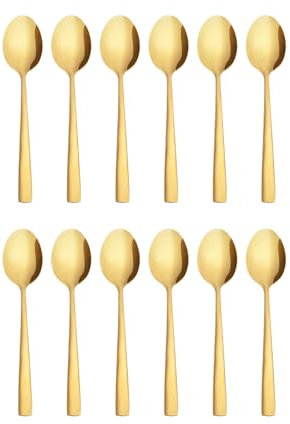 Otto Koning Cucharas de Postre Doradas - Juego de 12 Cucharillas Postre de Acero Inoxidable de Diseño Moderno y Elegante. Cucharillas Café con Acabado Pulido Espejo. Apto para Lavavajillas