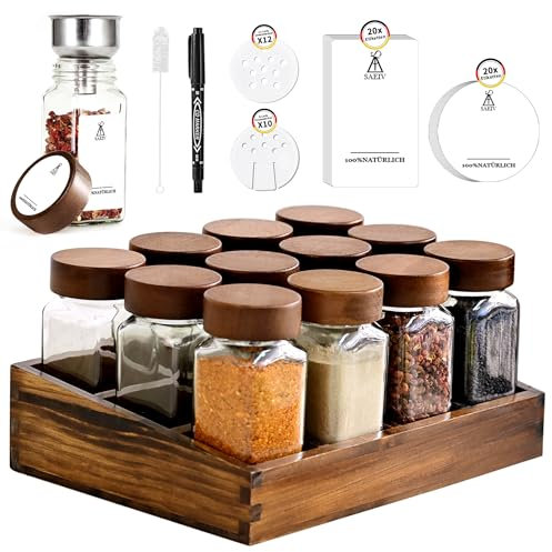 SAEIV Elegantes Akazienholz-Tablett-Gewürzständer | Gewürzregal Holz+12 120 ml Gewürzgläser Eckig | Gewürzetiketten | Naturbelassener Gewürz organizer | Gewürzregal mit Gläsern