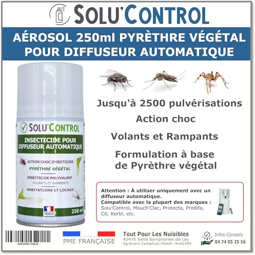 Aérosol Insecticide 250 ml au Pyrèthre Végétal - Compatible Diffuseur Automatique - Action Choc Contre Volants et Rampants