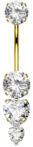 OUFER 14G Titanio G23 Piercing Ombelico Oro Filettatura Interna Cuore Piercing Ombelico Oro Anello Pendente 12 mm Belly Bar CZ Trasparente Donna