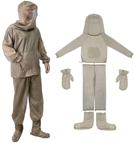 RoamRider Mosquito Suit - Full Body Bug Jacket Set with Zipper Hood, Pants, Gloves & Socks - Outdoor Bug Protection for Gardening, Farming, Fishing, Hiking, Camping (L/XL)