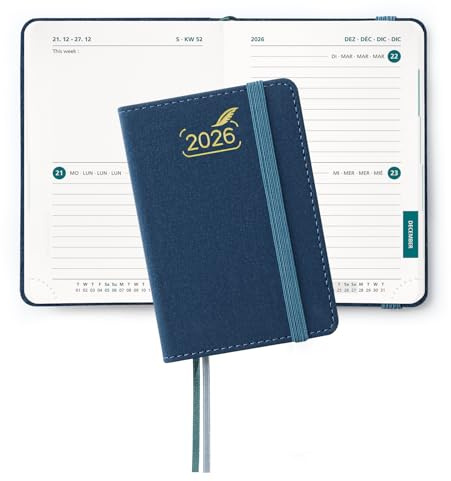 BEZEND Mini Agenda 2026 Pequeña 2 Días por Página 8 x 12 cm, Agenda Bi-Diaria de Bolsillo, Tapa Dura en Cuero PU - Azul Prusia