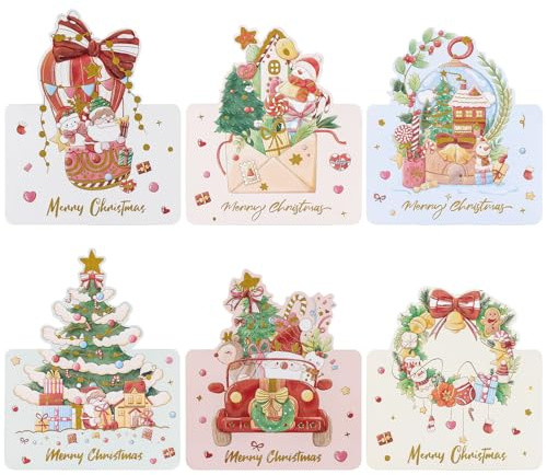 sulanmo 12PCS Cartes Joyeux Noel, Cartes de Voeux Noël Pliées, Carte Postale Joyeux Noel Dorée avec 6 Motifs pour Cadeaux de Noël