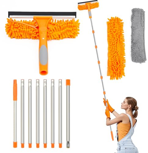 Lapluied 3,1M Fensterputzer Set, 3-IN-1 Fensterreiniger Set, Teleskop Fensterwischer 270° Drehbarer Bürstenkopf, Professioneller Teleskopstange Fensterreinigung für Innen/Außen Fenster, Auto Orange