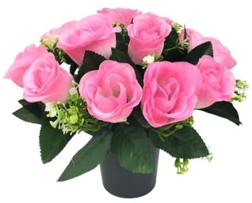 Mr. Barry’s Artificial Grave Flowers Pot – UV-Resistant, Realistic Pink Rose Arrangement, 25 cm Memorial Decoration for Cemetery, Grave Displays, Home & Garden (Pink)