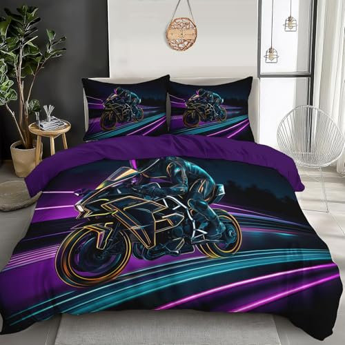 Juego De Cama Pluma 220X260Cm,Ropa De Cama Colores Neón Motociclista para Cama De Matrimonio,Microfibra Estampada 3D Figuras Deportivas Suave Y Confortable con Fundas De Almohada,