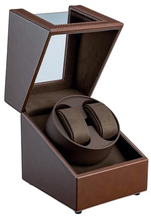 Tolesum Boîtes de Remontoir de Montre pour 2 Montres Automatiques Double Montre, Vitrine en Cuir Acrylique, Rotation Silencieuse, 2 Modes De Rotation, USB Type-C, PU Boîte de Présentation - Marron