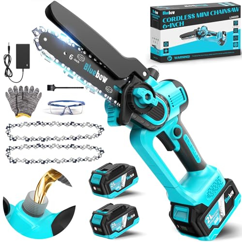 Bluebow Mini Akku Kettensäge - 6 Zoll Starker Brushless 8000mAh Akku Kettensäge mit Automatischer Öler, Sicherheitsschloss, Ersatzkette, Elektro Handkettensäge für Gartengeräte Astsäge