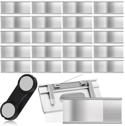 20 stycken namnskyltar för kläder, 72 x 32 mm namnskyltar magnet, aluminium namnplåtshållare med pappersöppning för arbete, utställning, restaurang och skola